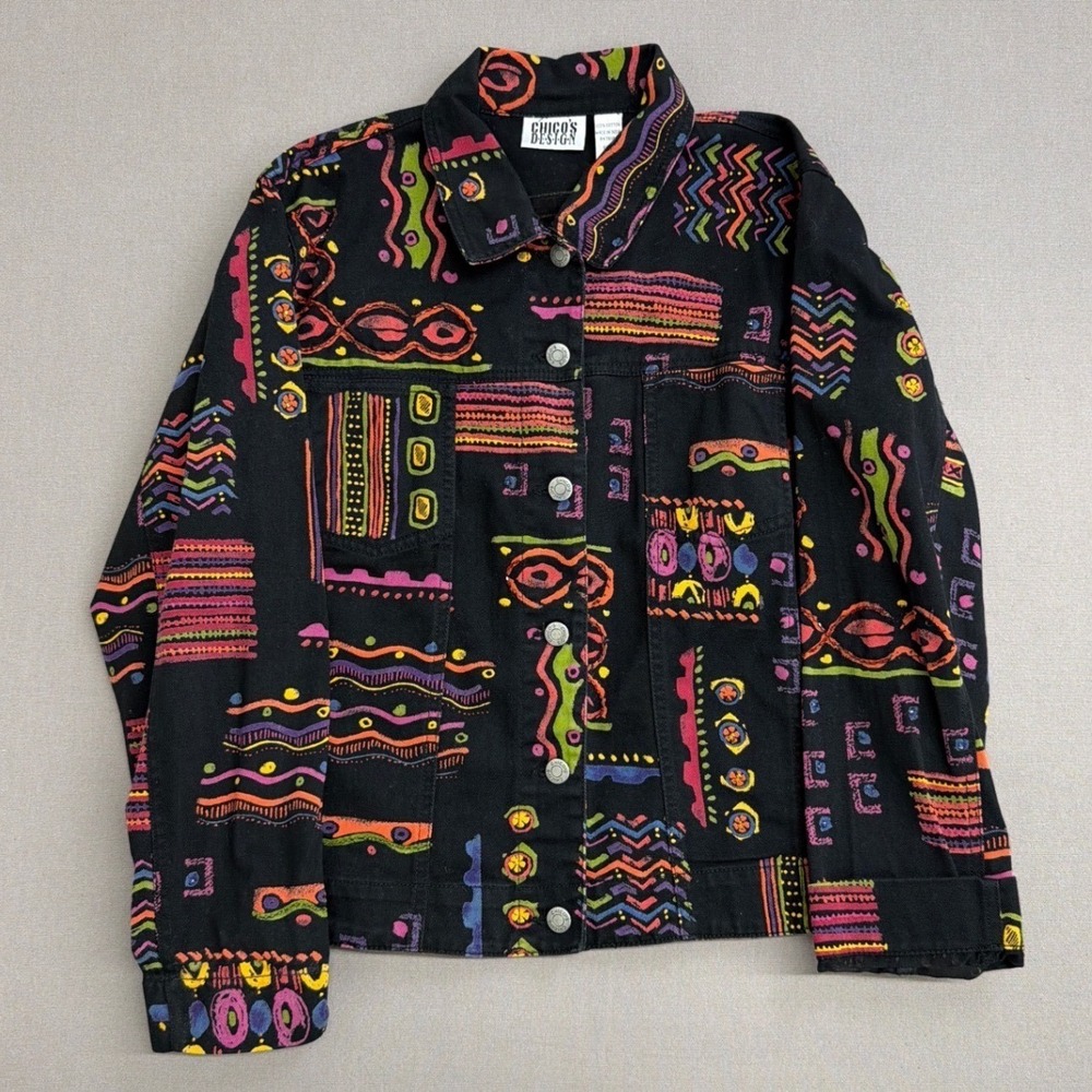 Chicos Design Vintage Abstract Tribal Print Cotton Denim Jacket Black Womens 1‎